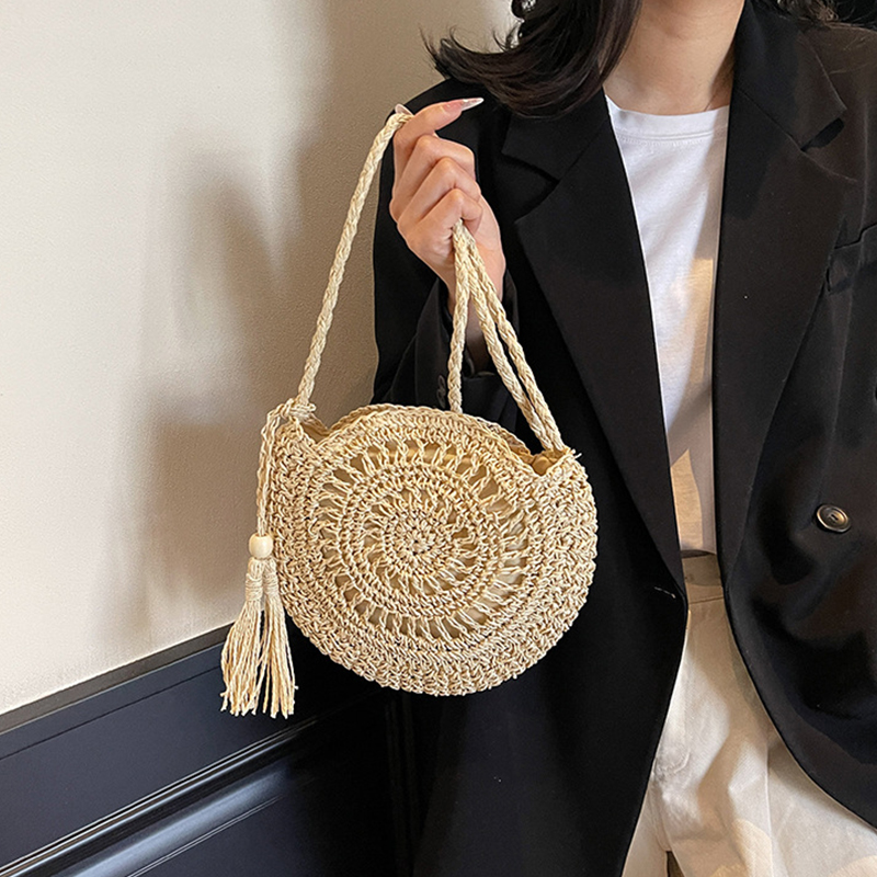 Women Hollow Straw Bag Circle  - Circle Round Bag ulasan dan harga