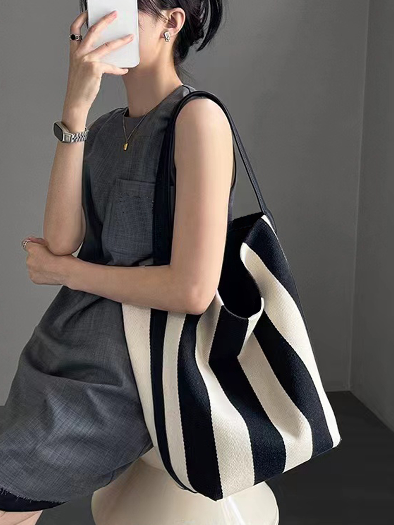 Niche striped canvas bucket ba - Women Bags Prada ulasan dan harga